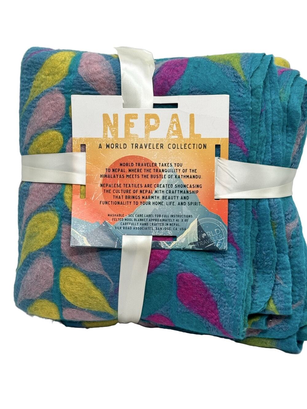 World Traveler Collection Felted Wool Blanket 40x60 Teal Pink Yellow Leaf Nepal